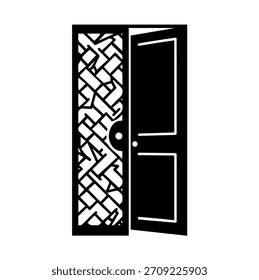 Puerta doble abierta y silueta decorativa de la pantalla Ilustración vectorial: Panel geométrico moderno y concepto de puerta abierta