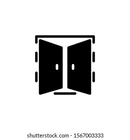Open double door icon in lblack flat design on white background, sign for mobile concept and web design, Exit doorway simple line vector icon, Pull door symbol, logo illustration