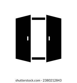 Open double door icon. Simple solid style. Entrance gate, construction, room, house, home interior concept. Silhouette, glyph symbol. Vector illustration isolated.