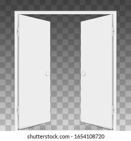 Open double doors isolated on checkered transparent background. Vector illustration.