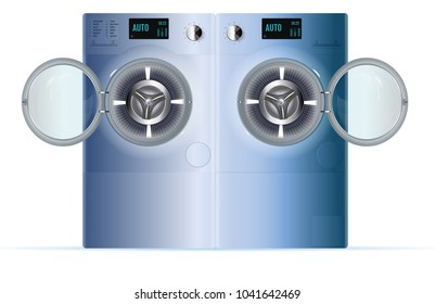 Open Double Washing Machine. Front View of Blue Steel Steam Washer. Isolated washing machine on a white background