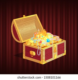 Open dower chest with diamonds, gold and silver coins. 3d view of box with lock and precious sign, brilliant and money in container, golden crown, loot object vector. Red curtain theater background