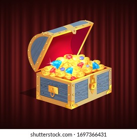 Open dower chest with diamonds, gold and silver coins. 3d view of box with lock and precious sign, brilliant and money in container, loot object vector