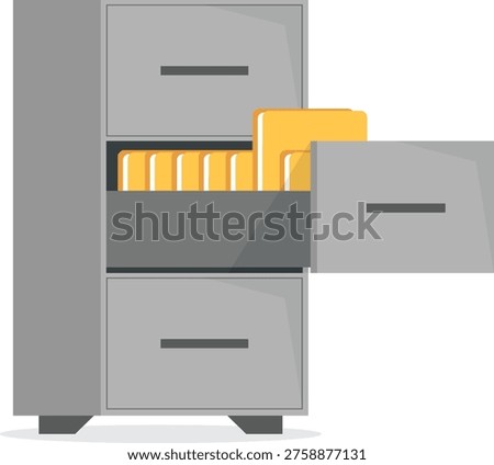 Open Drawers and Folders Illustration Office Filing Cabinet Metal Locker for Records and Files Storage in Office