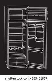 Open drink refrigerator vector isolated on black background.  Vertical empty fridge illustration in white lines. 