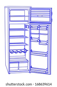 Open drink refrigerator vector isolated on white background. Vertical empty fridge illustration in ice blue lines.