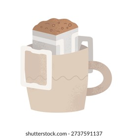 Open drip bag on cup. Method of brewing coffee. Coffee filter with grounded beans on mug. Vector cartoon illustration isolated on white background. 