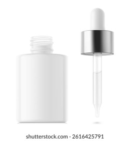 Open dropper bottle with pipette mockup. Vector illustration isolated on white background. Front view. Сan be used for cosmetic, medical and other needs. EPS10.