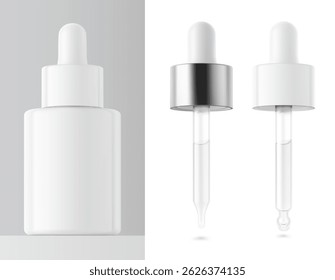 Open dropper bottle with pipettes mockup. Vector illustration isolated on grey and white background. Front view. Сan be used for cosmetic, medical and other needs. EPS10.