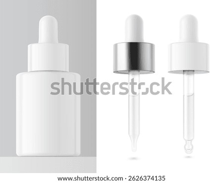 Open dropper bottle with pipettes mockup. Vector illustration isolated on grey and white background. Front view. Сan be used for cosmetic, medical and other needs. EPS10.
