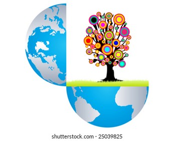 Open earth with colorful tree inside vector illustration