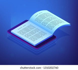 Open ebook on digital tablet screen for modern education and e-learning. Digital reading, e-classroom textbook, modern education concept. Ultraviolet neon vector isometric 3D illustration.