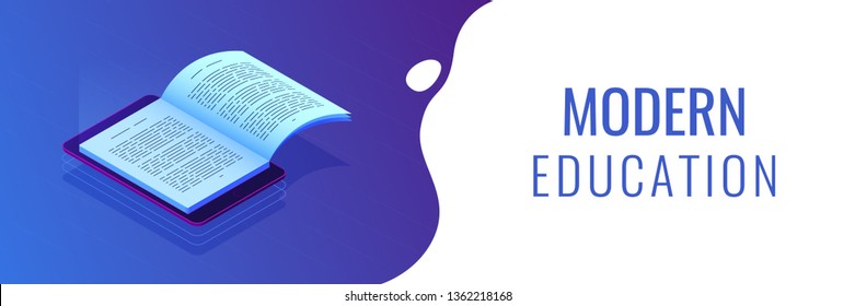 Open Ebook On Digital Tablet Screen For Modern Education And E-learning. Digital Reading, E-classroom Textbook, Modern Education Concept. Isometric 3D Banner Header Template Copy Space.