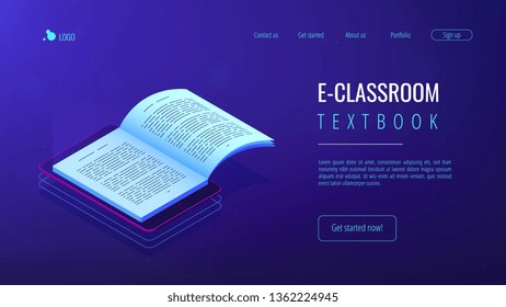 Open ebook on digital tablet screen for modern education and e-learning. Digital reading, e-classroom textbook, modern education concept. Isometric 3D website app landing web page template