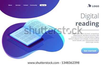 Open ebook on digital tablet screen for modern education and e-learning. Digital reading, e-classroom textbook, modern education concept. Isometric 3D website app landing web page template