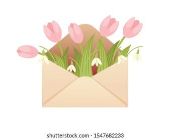 Open eco friendly paper envelope with spring flowers creative design flat vector illustration on white background