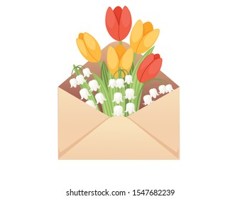 Open eco friendly paper envelope with spring flowers creative design flat vector illustration on white background