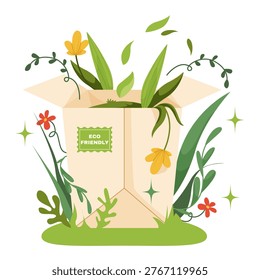 Open eco packing box filled with green plants in flat style on white background showing eco concept. Vector illustration