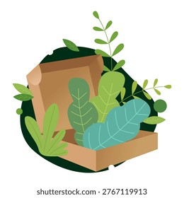 Open eco packing box with green leaves in flat graphic style on white background symbolizing sustainability. Vector illustration