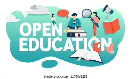 Open education concept. Getting education online without problems. Study in the internet. Idea of e-learning. Flat vector illustration