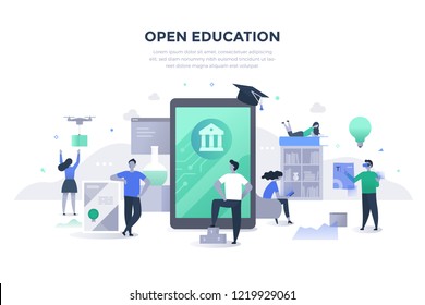 Open education concept. People gaining excess to high-quality learning materials and resources with the help of modern technologies. Students learning online