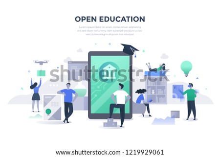 Open education concept. People gaining excess to high-quality learning materials and resources with the help of modern technologies. Students learning online