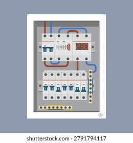 Open Electrical Circuit Breaker Panel with Modular Circuit Breakers, Wiring, Analog Watt Meter and Voltage Relay. Technical illustration for electrical engineering content, industrial maintenance guides, energy consumption infographics, and smart home automation projects