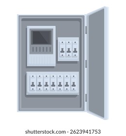 Open electrical panel showing circuit breakers and a meter is being serviced by an electrician