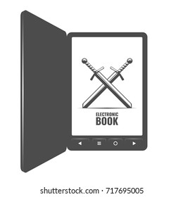 Open Electronic Book, monochrome art logo. ebook concept isolated vector on white background