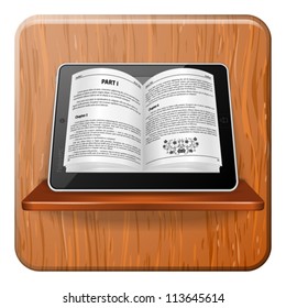 Open electronic book on Tablet Computer on Bookshelf, E-book Concept, vector illustration