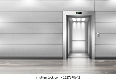 Open elevator doors in hallway. Vector realistic empty modern office or hotel lobby interior with lift, metal panel with buttons and floor display on wall