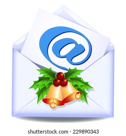 Open email envelope with golden bells and holly berries