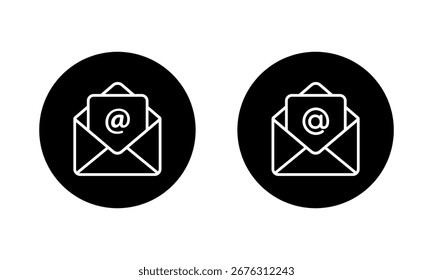 Abrir icono de sobre de correo electrónico en círculo negro. Bandeja de entrada de correo y símbolo de mensaje de comunicación