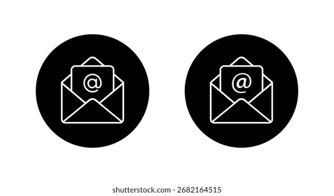 Abrir icono de sobre de correo electrónico en círculo negro. Mensaje con símbolo de mención