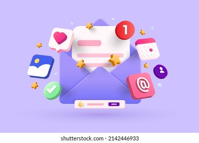 Open Email envelope icon with document. Newsletter 3d concept. Vector 3d illustration