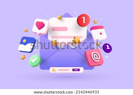 Open Email envelope icon with document. Newsletter 3d concept. Vector 3d illustration Foto d'archivio © 