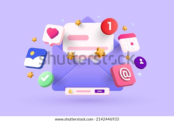 Open Email envelope icon with document.\
Newsletter 3d concept. Vector 3d\
illustration
