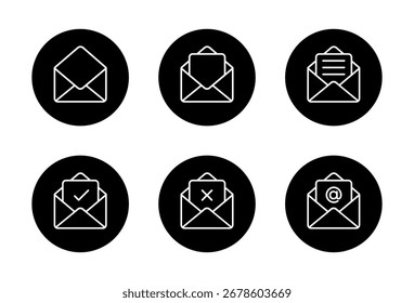 E-Mail-Umschlagumrisssymbol in schwarzem Kreis öffnen. Nachrichtensymbol mit Häkchen, Kreuz, Text und Hinweiszeichen