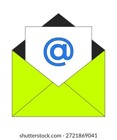 Open email envelope with at symbol 2D cartoon object. E-mail communicating, messaging. Electronic mail. Digital correspondence isolated element flat vector clip art on white. Spot illustration