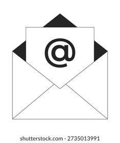 Abra el sobre de correo electrónico con el símbolo en el objeto de línea 2D. Correo electrónico, comunicación, mensajería. Correo Electrónica. Elemento de contorno de tinta de Vector de Clipart aislado de correspondencia digital. Ilustración de punto monocromo