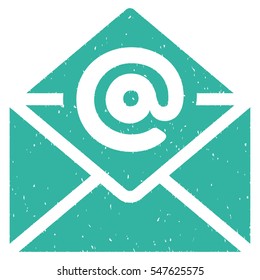 Open Email grainy textured icon for overlay watermark stamps. Flat symbol with dust texture. Dotted vector cyan ink rubber seal stamp with grunge design on a white background.