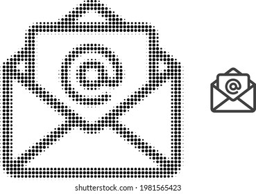 Öffnen Sie E-Mail mit einem Punkt-Symbol. Halftone-Array enthält runde Elemente. Vektorgrafik von offenem E-Mail-Symbol auf weißem Hintergrund. Flache Abstraktion für Open-E-Mail-Piktogramm.