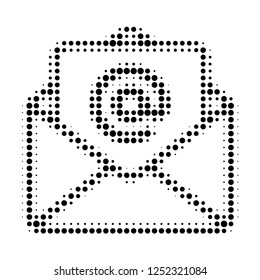 Open e-mail halftone dotted icon. Halftone pattern contains round points. Vector illustration of open e-mail icon on a white background.