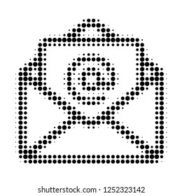 Open email halftone dotted icon. Halftone pattern contains circle pixels. Vector illustration of open email icon on a white background.