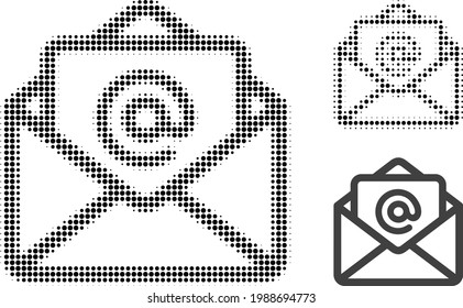 Abrir el icono de media tonalidad de correo electrónico con puntos. La matriz de semitono contiene píxeles redondos. Ilustración vectorial del icono de correo abierto en un fondo blanco.