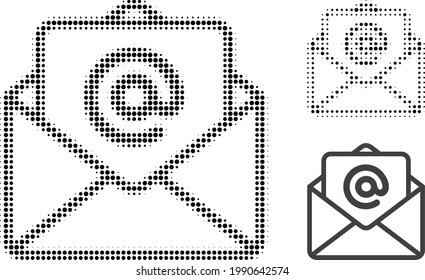 Abrir el icono de punto de semitono de correo electrónico. El patrón de semitono contiene puntos de círculo. Ilustración vectorial del icono de correo electrónico abierto en un fondo blanco.