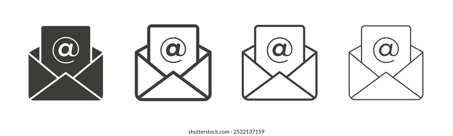 Open email icon in fill and three stroke sizes