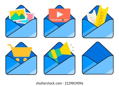 Open email icons. Email with attachment. 