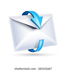 Open email letter with blue arrow isolated on white. Vector illustration