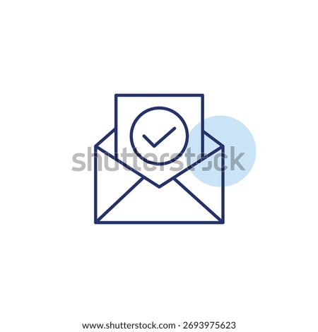 Open e-mail letter and checkmark. Verified sender, secure communication. Pixel perfect, editable stroke vector icon